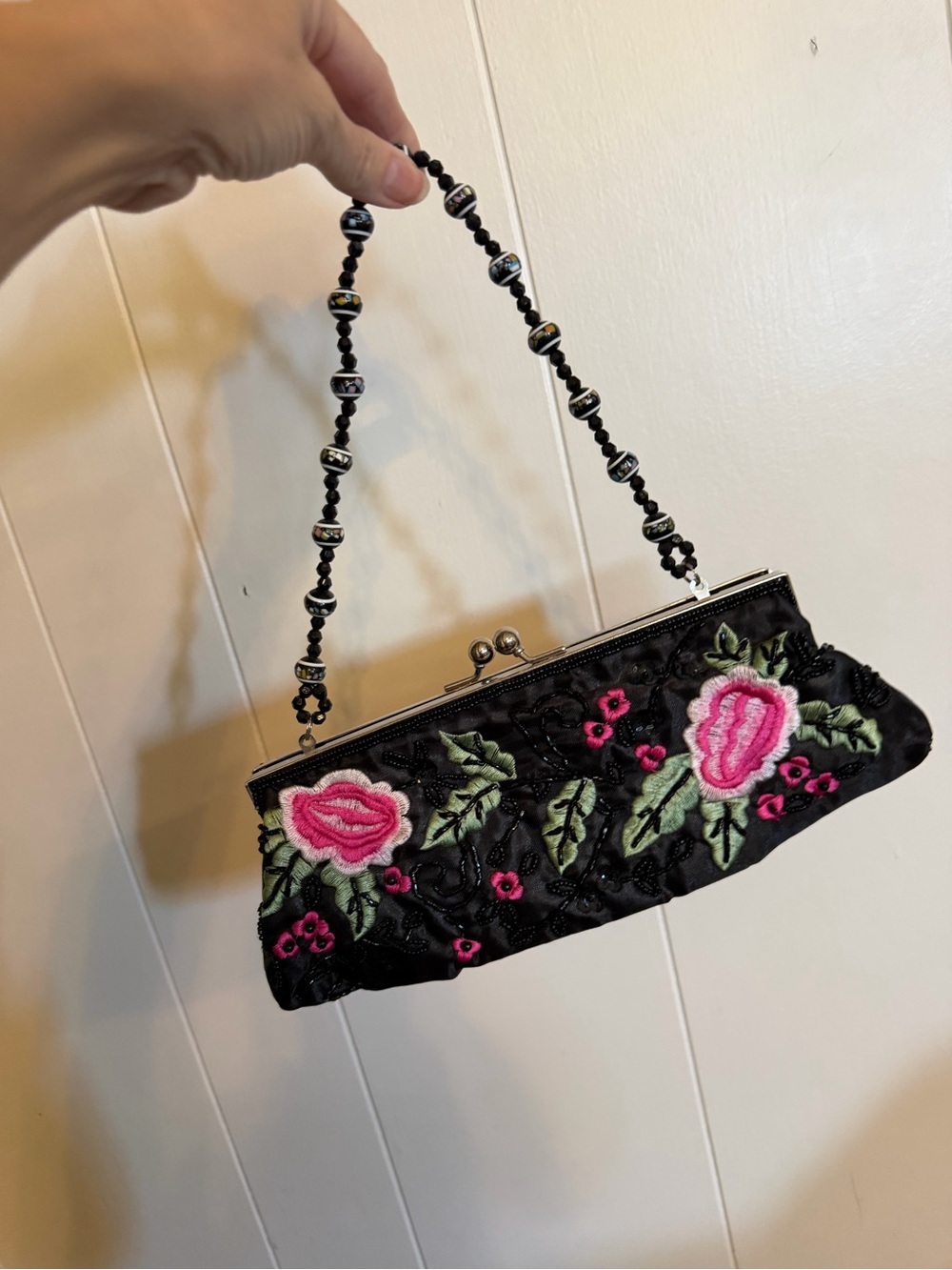 Black Beaded Floral Embroidered Clutch Handbag w/ Strap